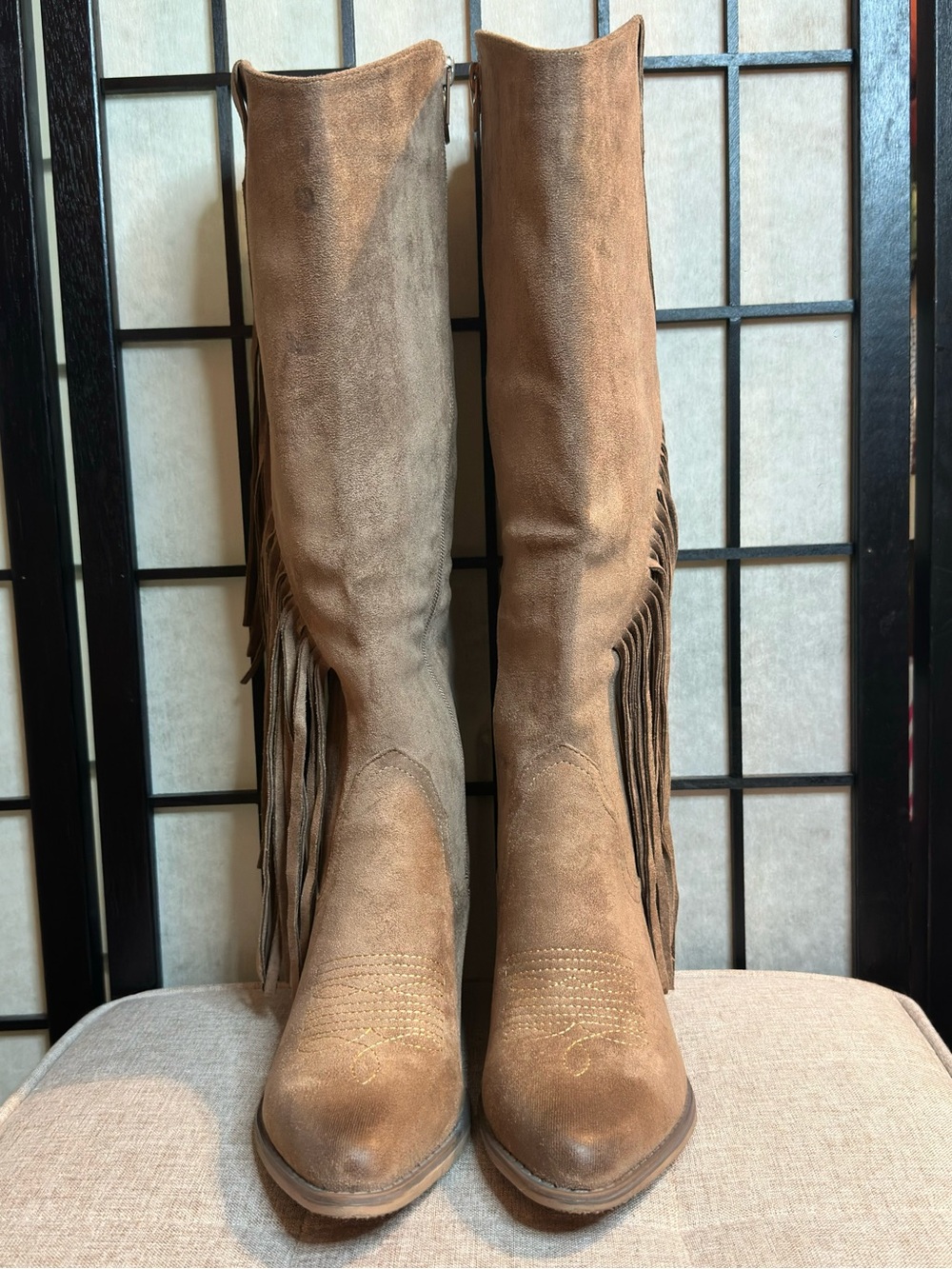 PIERRE DUMAS Suede Fringe Knee-High Cowgirl Boots - Taupe - Picture 4 of 6